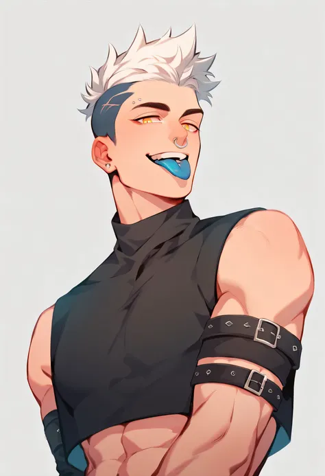 1 handsome man, punk, white hair with black stripes, blue tongue, nose piercing, gold eyes, crop top,