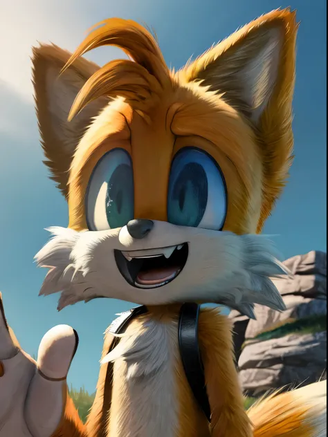 best quality,high quality, tails_prower,bright blue sclera,black pupils,smiling, green hill,