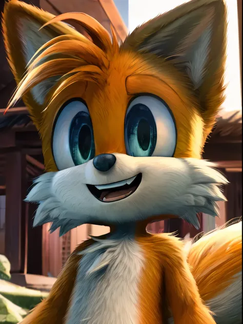 best quality,high quality, tails_prower,bright blue sclera,black pupils,smiling, green hill,