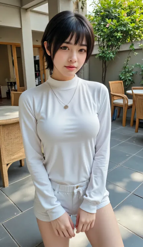 skinny with an athletic body, wearing a white silk sweater, usando shorts curto casual, Beautiful Chinese girl, light blue eyes, short black hair and modern cut, big and attractive thighs, small silver necklace, in the backyard, In the morning in China