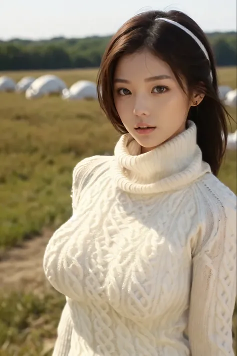 (masterpiece, highest quality:1.2), 1 girl, alone ,(Huge breasts),,Browsing Caution, Embarrassing, ,, white((((Turtleneck sweater.)))), in the prairie, in fantasy world,