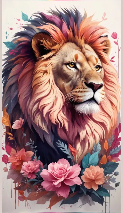 A close up of a painting of a lion with flowers., detailed beautiful animals, half lion, with the mane of a lion, beautiful art uhd 4 k, the mane of a lion, King of the Jungle, Incredible wallpaper , beautiful art, majestic!!! beautiful!!!, Cute lion ...