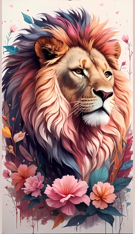 A close up of a painting of a lion with flowers., detailed beautiful animals, half lion, with the mane of a lion, beautiful art uhd 4 k, the mane of a lion, King of the Jungle, Incredible wallpaper , beautiful art, majestic!!! beautiful!!!, Cute lion ...