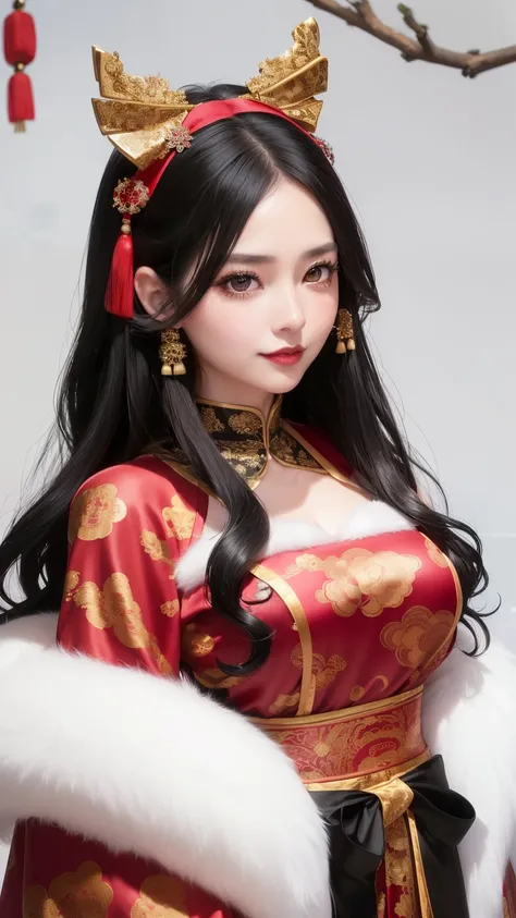 woman((30 year old)), hair((light black, short, wavy)), eyes ((black eyes, big eyes)), clothes((fur mantle, silk, chinoiserie pattern)), accessories ((ribbon, chocker)), big breast, gigantic breast, snow forest, snowflakes,winter, lipgloss, smiling, smiley...