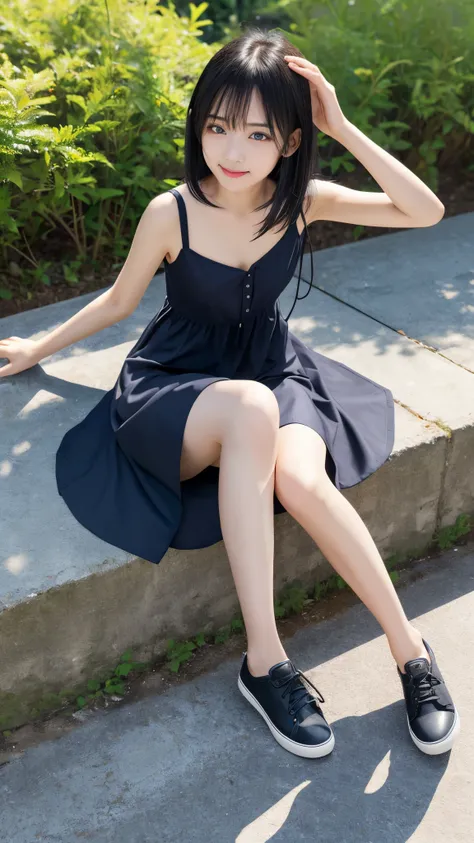 top quality、  natural depiction、  nothing 、  details、delicate、Very high degree of perfection 、 Beautiful Body Lines,Girls are middle school students  １Grade、   black hair、Cute girl's eyes、Best ratio、 小さなchest、 (((Hoshino Ai)))、shoes 、(I'm wearing a summer ...