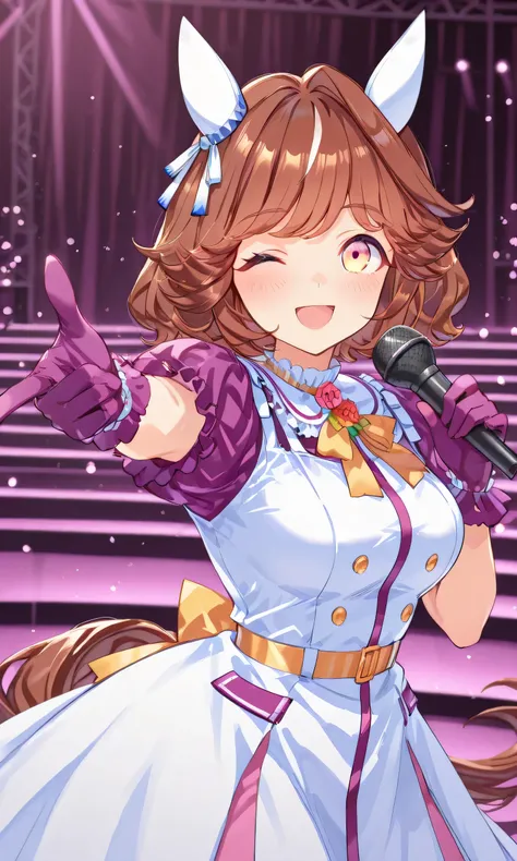 Haiseiko\(umamusume\), umamusume, horse ears, horse tail, brown hair, bob cut hair, curly hair, orange eyes, multicolored hair, white hair, two-tone eyes, red eyes, yellow eyes,
medium breasts, white ear covers, white dress, purple sleeves, puffy slleves,...