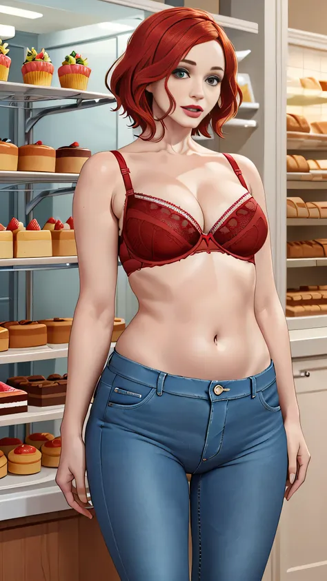 Christina Hendricks, (Christina Hendricks:1.5), masterpiece quality, (masterpiece quality:1.3), detailed, realistic, (realistic:1.3), 1girl, solo, (solo:1.9), 30 years old, in a bakery, (in a bakery:1.5), lots of cakes in background, (lots of cakes in back...