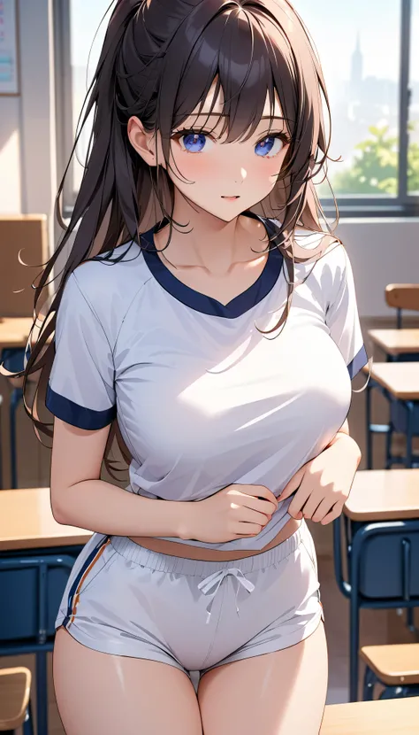 High Quality Illustration, masterpiece, Extremely Delicate and Beautiful, Attractive girl,( white gym clothes 、navy blue bloomer),thin,slender body,（detailed eyes） slim、 High School, Classroom Background,, beautiful eyes,is embarrassing、、(masterpiece, top ...