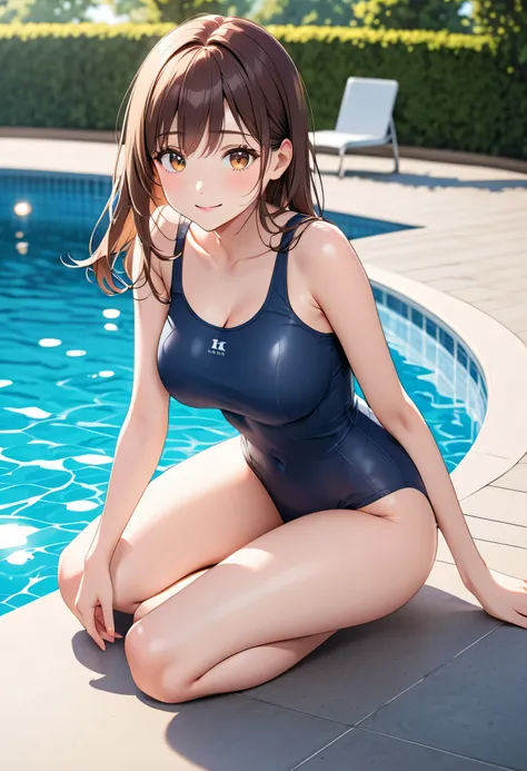 高いquality illustration, masterpiece, so delicate and beautiful, Attractive girl,full body,big breasts,( navy school swimsuit ),brown hair,brown eyes,（Detailed Detailed Eyes）,(round eyes),cute face,thin,slender body, slim、 High School, pool, beautiful eyes,...