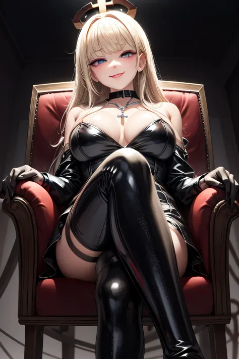 evil smile, under , bratty girl, shiny latex, satanic, shiny latex gloves, thigh_high lace up boots, sitting in a chair, looking at viewer, blonde hair, inverted cross necklace, highlighted eyes with eyeliner, false eyelashes, soft shadows, light makeup, b...