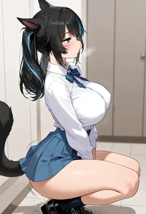 masterpiece,1girl, black hair, ((highlights hair, Blue streaked hair)), long twintail, , Big Breasts, skirt, wolf girl , nsfw, squat,  Miqo'te ,masturbation