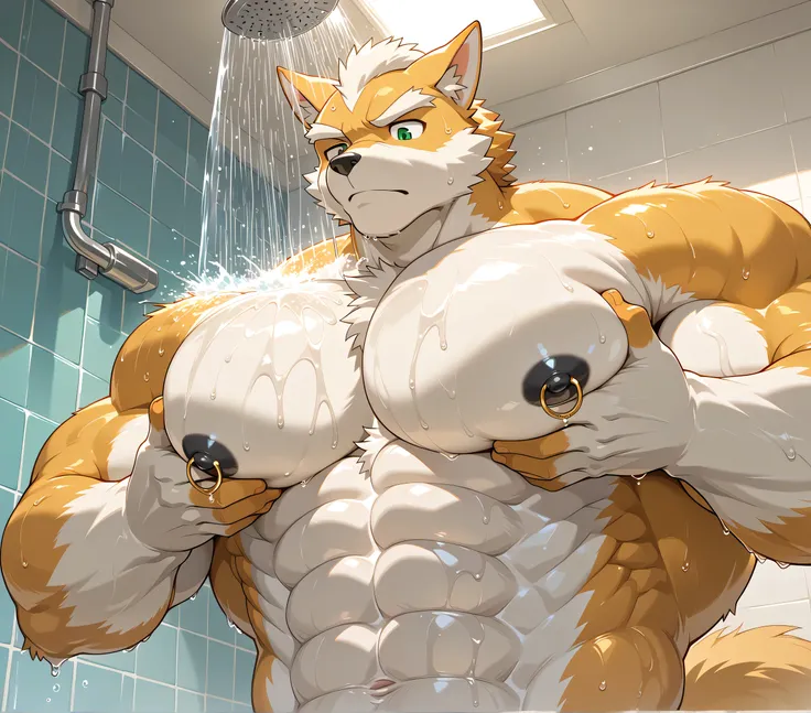 kemono, bara, solo, furry, Anthro, Fox McCloud, two-tone body, male, tail, huge muscular, green eyes, posing, huge black nipples, golden nipple rings, broad shoulders, broad chest, serious, detailed background, looking down, bare upper body, wet, low view,...