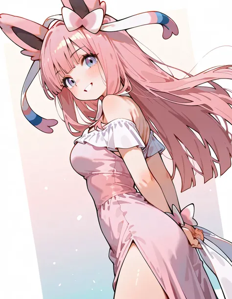 (sideview),(dynamic angle,dynamic pose),looking at viewer:1.3,solo,1girl,18years old,pastel pink long straight hair,bangs,natural cosmetic,pride,grin,(offshoulder pastel pink (Sylveon(pokemon)) design sexy slit セレブdress),adult female face,soft lineart, (pa...