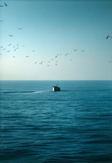 A realistic image of sky and sea meeting at a point and a small boat in middle of it, seagulls flying in sky 