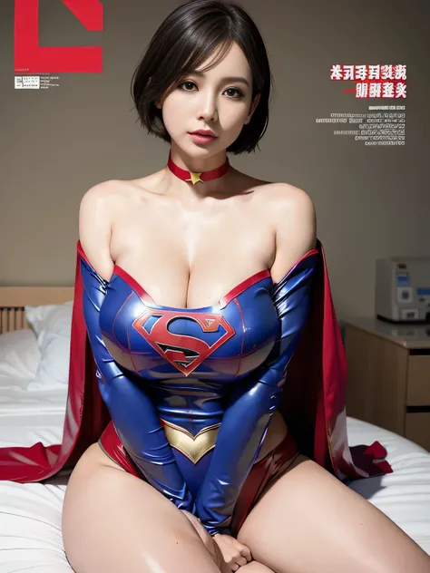 masterpiece、Latex Supergirl Costume、off shoulder、Ultra short hair、Big, Fuller Breasts、shiny sweaty skin、face to face、choker、Provocative cleavage 、 Long Sleeve、cloak、high leg bikini、Voluptuous thighs、straddling laboratory equipment in a hospital room、photor...