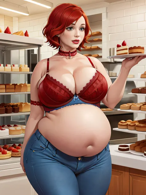 Christina Hendricks, (Christina Hendricks:1.5), masterpiece quality, (masterpiece quality:1.3), detailed, realistic, (realistic:1.3), 1girl, solo, (solo:1.9), 30 years old, in a bakery, (in a bakery:1.5), lots of cakes in background, (lots of cakes in back...