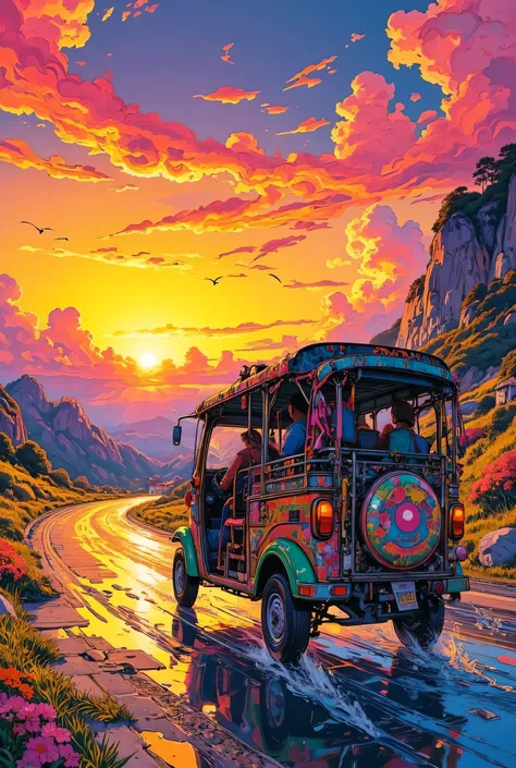 illustration of a tuk tuk tuk running towards the sunset, colorful paint and decoration, the rear seat has a rounded shape with a roof,One tire in front、a tricycle with two tires at the back carrying travelers in the back seat, colorful stripes and patter...