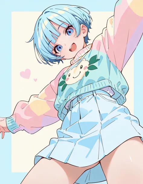 sideview+,(dynamic angle,dynamic cute model pose),(looking at viewer),smile,solo,1girl,18years old,pastel blue pixie cut,blunt bangs,natural cosmetic,happy open mouth smile,cute pastel color sweater,long feminine skirt,soft lineart, (pastel color backgroun...