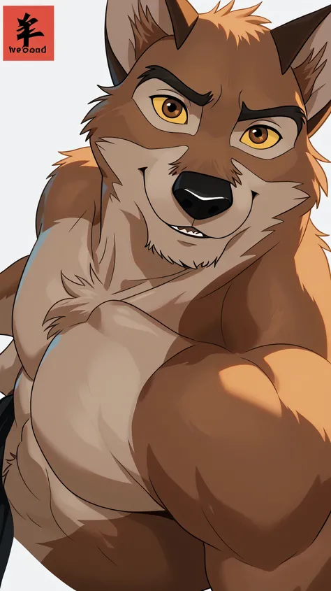 baltotwd, wolfdog, balto, brown eyes, yellow sclera, solo, detailed, detailed face, black eyes, anthro body, male, adult, muscular, cartoon shading, cel shaded:1.0, flat colors, (no background, white background):1.5, shirtless, wfa style, negger style, car...
