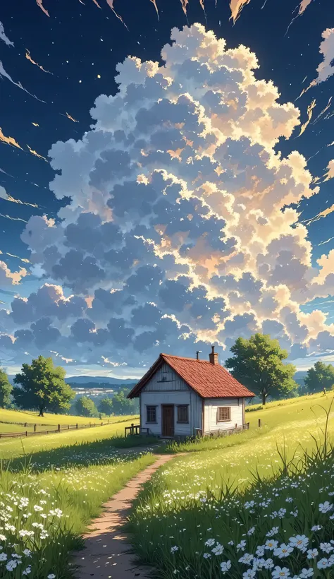 *"anime-style digital illustration, in
The scene shows a lonely cabin with a red tile roof and distressed white wooden walls., located in the middle of a vibrant green field. A narrow dirt road,
The sky dominates the composition, buluminous gray clouds ...