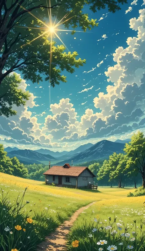 *"anime-style digital illustration, in
The scene shows a lonely cabin with a red tile roof and white wooden walls., located in the middle of a vibrant green field. A narrow dirt road, wet from recent rain, meanders from the foreground to the house
The sk...