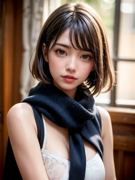 (masterpiece, best quality、beautiful appearance of an adult woman 、 adds intense highlights to the eyes ),1 girl, Alone,   black hair,  scarf,  above Decorati has ,, realistic,  Viewer, Light-coloured black eyes, short hair,  comments, Winter clothes, Whit...