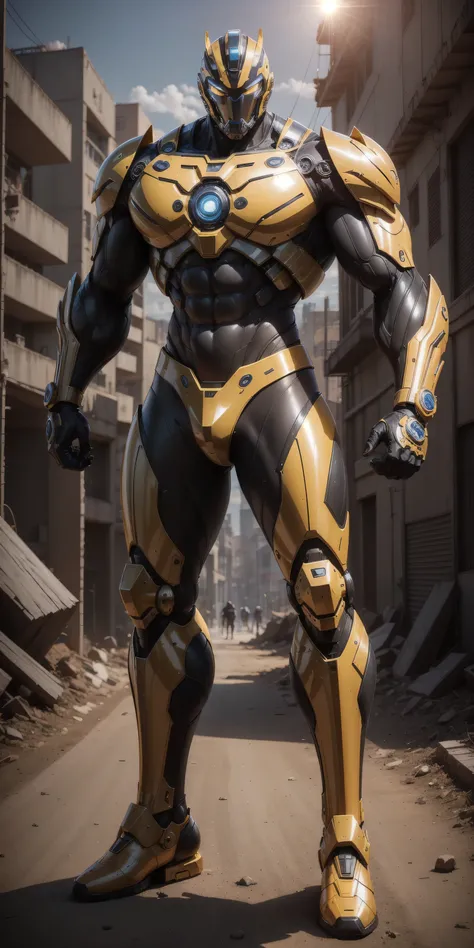 a 2-meter-tall Muscular man，Dark yellow line helmet ， dark yellow and line camouflage neoprene mecha ，Neoprene material ， Soft crotch design，character concept superhero with mechanical helmet，Senior Police Officer，Small checkered texture ， Regular symmetri...