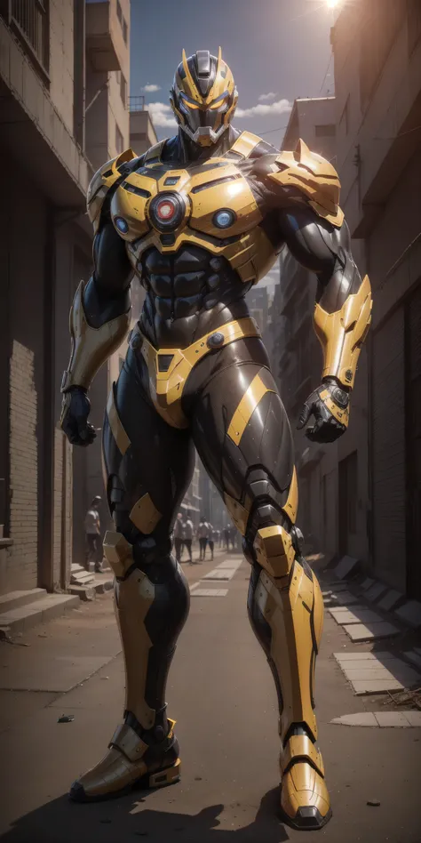a 2-meter-tall Muscular man，Dark yellow line helmet ， dark yellow and line camouflage neoprene mecha ，Neoprene material ， Soft crotch design，character concept superhero with mechanical helmet，Senior Police Officer，Small checkered texture ， Regular symmetri...
