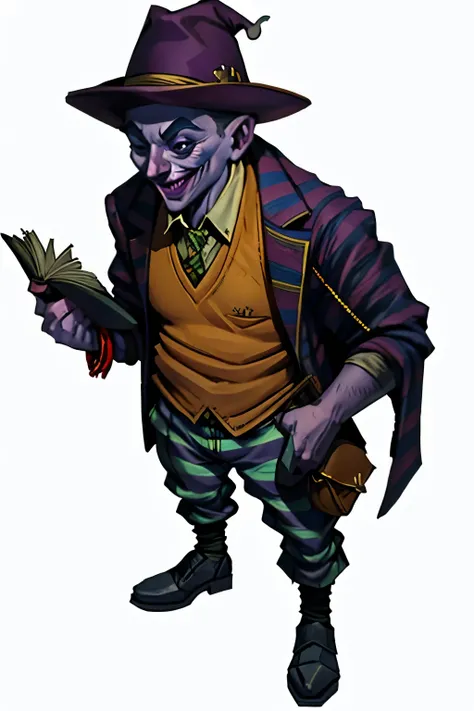 I want a character with a white background, png, full body image,a court fool , Joker, With murderous posture, Wearing a red court fool's hat, colorful striped clothes filled with rags, balancing books and juggling, All at the same time , lifting object...