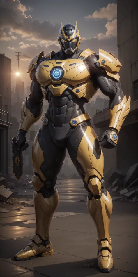 a 2-meter-tall Muscular man，Dark yellow line helmet ， dark yellow and line camouflage neoprene mecha ，Neoprene material ，Laser sword in hand，character concept superhero with mechanical helmet，Senior Police Officer，Small checkered texture ， Regular symmetri...