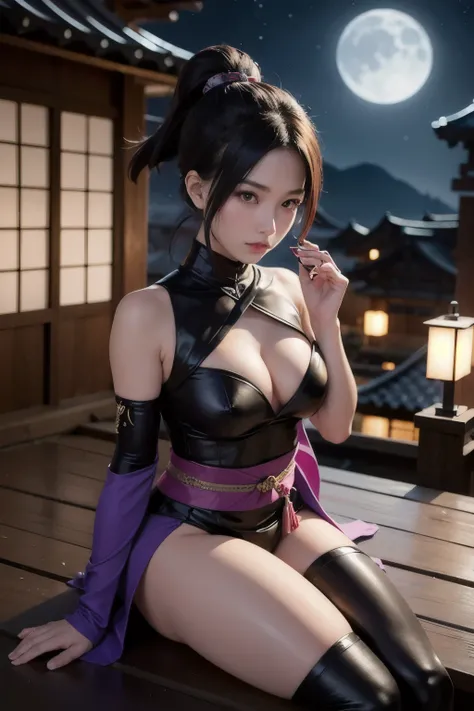 A cute Sengoku-era kunoichi (female ninja) perched on a rooftop under the moonlight, holding a kunai in one hand. She wears a form-fitting black ninja outfit with subtle purple accents, including a mask that partially covers her face, emphasizing her sharp...