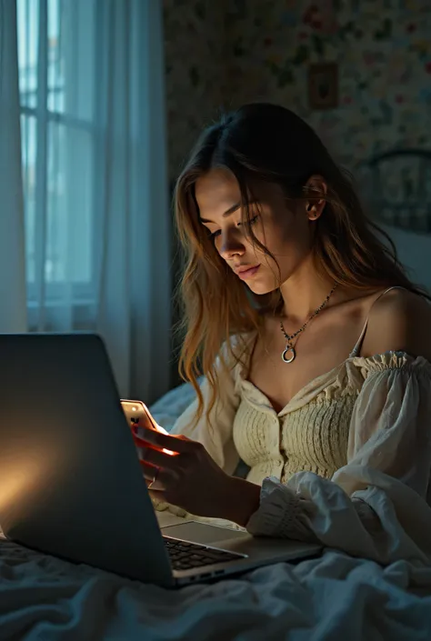 A modern version of Juliet Capulet from Romeo and Juliet, transported to today's world. She is a young woman in contemporary clothing, sitting in your room, illuminated by the light of his cell phone. Social media notifications float around her, messages f...