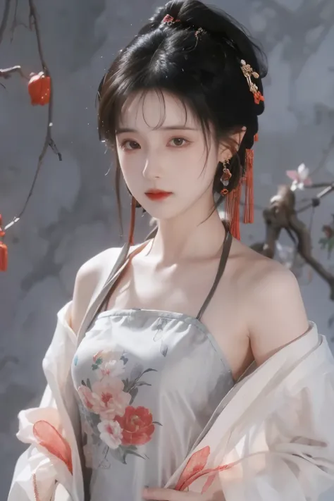 ( masterpiece, Top Quality, Best Quality, official art, Beautiful and Aesthetic:1.2), (1 Girl:1.3), flat chest, extremely detailed,(Fractal Art:1.1),(colorful:1.1)(Flowers:1.3),Highest Detail,(dynamic pose), (grey background:1.3), (traditional Chinese cos...