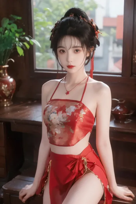 is the best quality, masterpiece, High Aims, 1 girl, Beautiful red Hanfu, Hair ornaments, necklace, ornament, pretty face, When the body, Tyndell effect, Realistic portrait, Dark Studio, Edge lighting, Bicolor Light , (very delicate skin:1.2), 8,000...