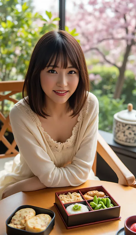 realistic pictures,portrait of a Japanese girl sitting in a luxurious Western-style room,short bob,eyeliner,eyeshadow,,burgundy lips, off-white sweater,frill skirt,bento boxes placed on the table,watch viewers,is laughing, Cherry blossoms are fluttering ou...