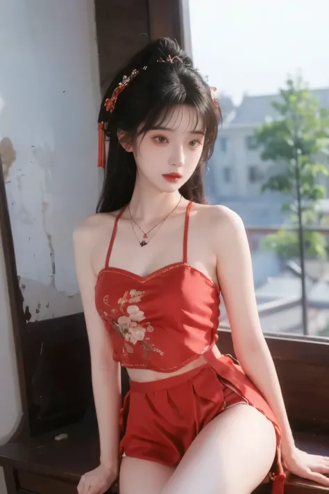 is the best quality, masterpiece, High Aims, 1 girl, Beautiful red Hanfu, Hair ornaments, necklace, ornament, pretty face, When the body, Tyndell effect, Realistic portrait, Dark Studio, Edge lighting, Bicolor Light , (very delicate skin:1.2), 8,000...