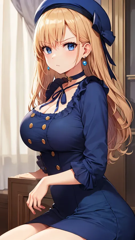 top quality、 top quality、 masterpiece、 beauty、dark blue long hair、 blue eyes、(luxurious navy blue dress)、 big breasts 、(very large breasts)、 angry face、 navy blue choker 、earrings、( beret,)、big ribbon