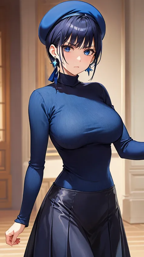 top quality、 top quality、 masterpiece、 beauty、 dark blue short hair、 blue eyes、( navy blue turtleneck) 、(very large breasts)、 angry face、 navy blue choker 、earrings、( beret,)、big ribbon、 black short skirt 