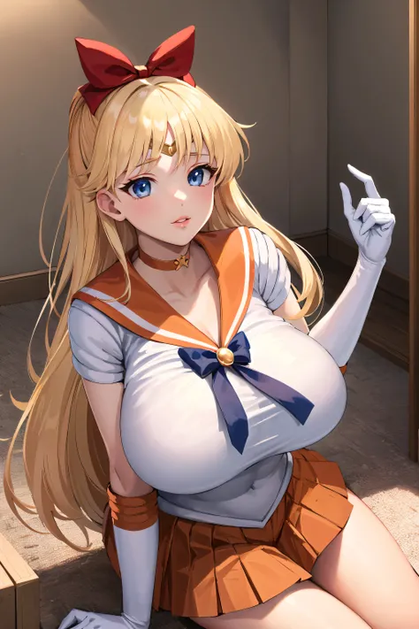 masterpiece, mini skirt, highres, sv1, Sailor Senshi Semi-Transparent Uniform ,  enormous large breasts , full lips ,orange skirt, brown leather gloves for elbows, tiara, uniform orange with sailor collar, red bow, orange choker  ,   white gloves, joyería,...