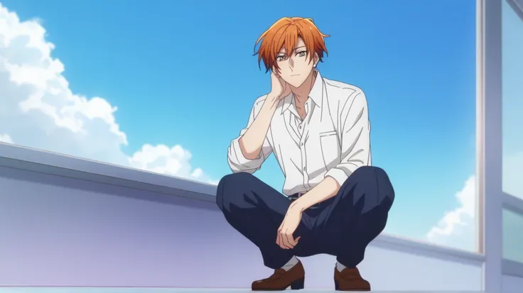 man, un  man, short hair, orange hair, brown eyes  , navy blue school pants, white school dRess shiRt,     Arrogant smile,  crouched posture, En cuclillas,   On the schoolyard  , sitting on the floor,   cloudy sky  , gray rain clouds,Anime by Sasaki Shumme...