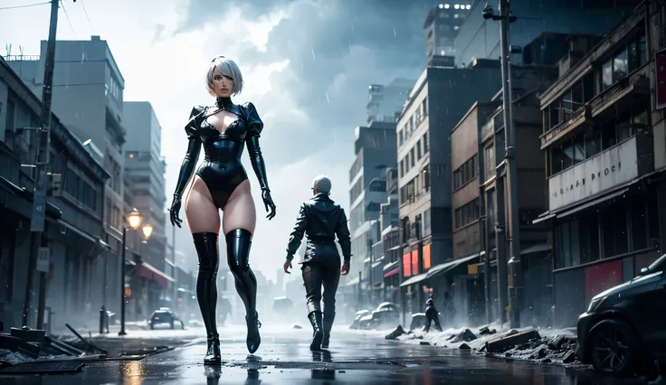 Nier Automata's 2B wearing a black and white leotard, and black latex high boots walking towards you through a city in the middle of a storm.