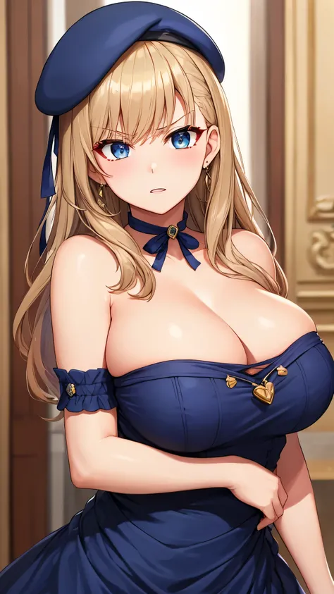 top quality、 top quality、 masterpiece、 beauty、dark blue long hair、 blue eyes、(luxurious navy blue dress)、 big breasts 、(very large breasts)、 angry face、 navy blue choker 、earrings、( beret,)、big ribbon