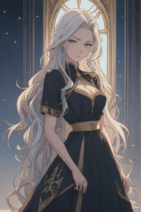 Create a human female mage of about 20 years of age with a well-defined and full-bodied body and medium-sized breasts, with long, wavy white hair, blue eyes, a calm look, wearing a very detailed long black dress.
