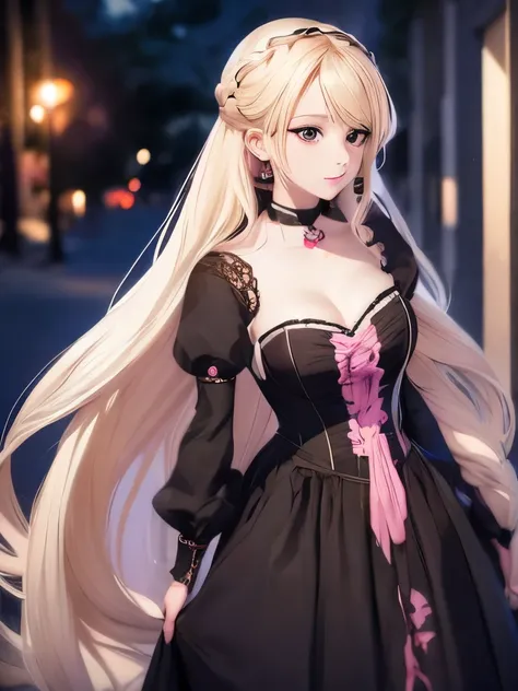 anime girl with long white hair and pink earrings in a black dress, an anime drawing inspired by loish, tumblr, rococo, anime girl with long hair, blonde anime girl with long hair, an anime girl, anime girl wearing a black dress, pretty anime girl, retro a...