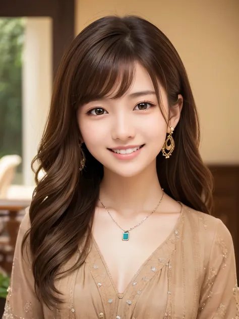 １９Young Woman of Age、 Japanese women、Light brown hair、Wavy long Hair、short hair、ear piercing、Necklace around the neck、blouse、smile, Beautiful teeth alignment、Intricate details, Very detailed:1.2), 、 Looking into the camera,The background is in the room,
