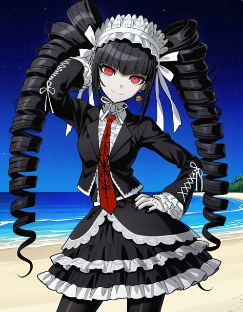 anime screencap, masterpiece, amazing quality, 
celestia ludenberg, long hair, twintails, twin drills, drill hair, bangs, black hair, red eyes, skirt, shirt, long sleeves, jewelry,, jacket, pantyhose, earrings, frills, necktie, black skirt, nail polish, bl...