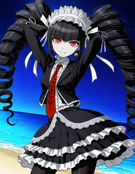 celestia ludenberg, anime screencap, masterpiece, amazing quality, 
long hair, twintails, twin drills, drill hair, bangs, black hair, red eyes, skirt, shirt, long sleeves, jewelry,, jacket, pantyhose, earrings, frills, necktie, black skirt, nail polish, bl...