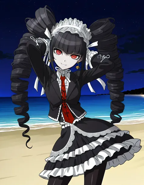 celestia ludenberg, anime screencap, masterpiece, amazing quality, 
long hair, twintails, twin drills, drill hair, bangs, black hair, red eyes, skirt, shirt, long sleeves, jewelry,, jacket, pantyhose, earrings, frills, necktie, black skirt, nail polish, bl...