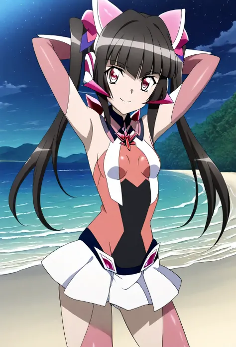 tsukuyomi shirabe, anime screencap, anime art style, tsukuyomi shirabe, senki zesshou symphogear, 1girl, solo, black hair, bangs, shiny, small breasts, leotard, pink eyes, blunt bangs, small breasts, thighhighs, shiny hair, skirt, twintails, long hair,  gl...
