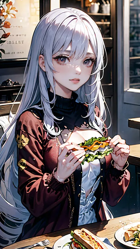 Best quality, 8K, best quality, ((high school girl with odd eyes)), ((heterochromia, red eyes, grey eyes)), (very beautiful girl), (sparkling and delicate eyes), (very detailed eyes), (long platinum and purple hair), princess cut, ((transparent white skin)...